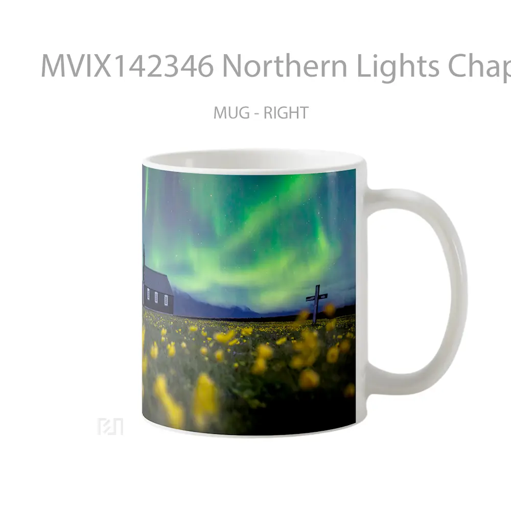 Mug Northern Lights Chapel Flower Field Scenery Gelas Keramik Unik - All-side / Desain