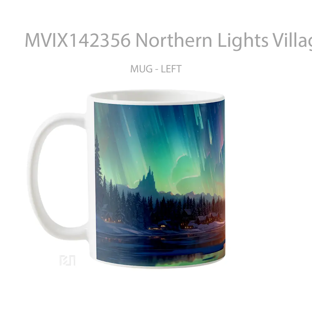 Mug Northern Lights Village Lake Scenery Digital Art Gelas Pemandangan Alam - All-side / Desain