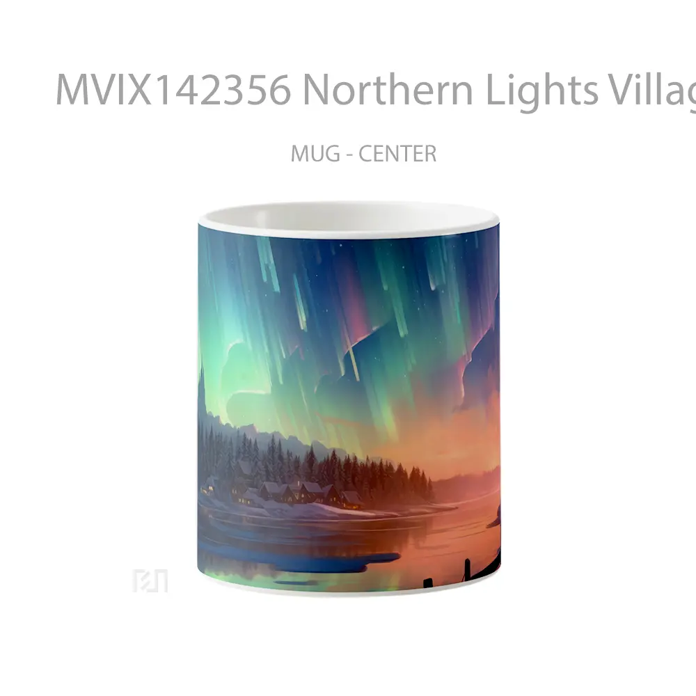 Mug Northern Lights Village Lake Scenery Digital Art Gelas Pemandangan Alam