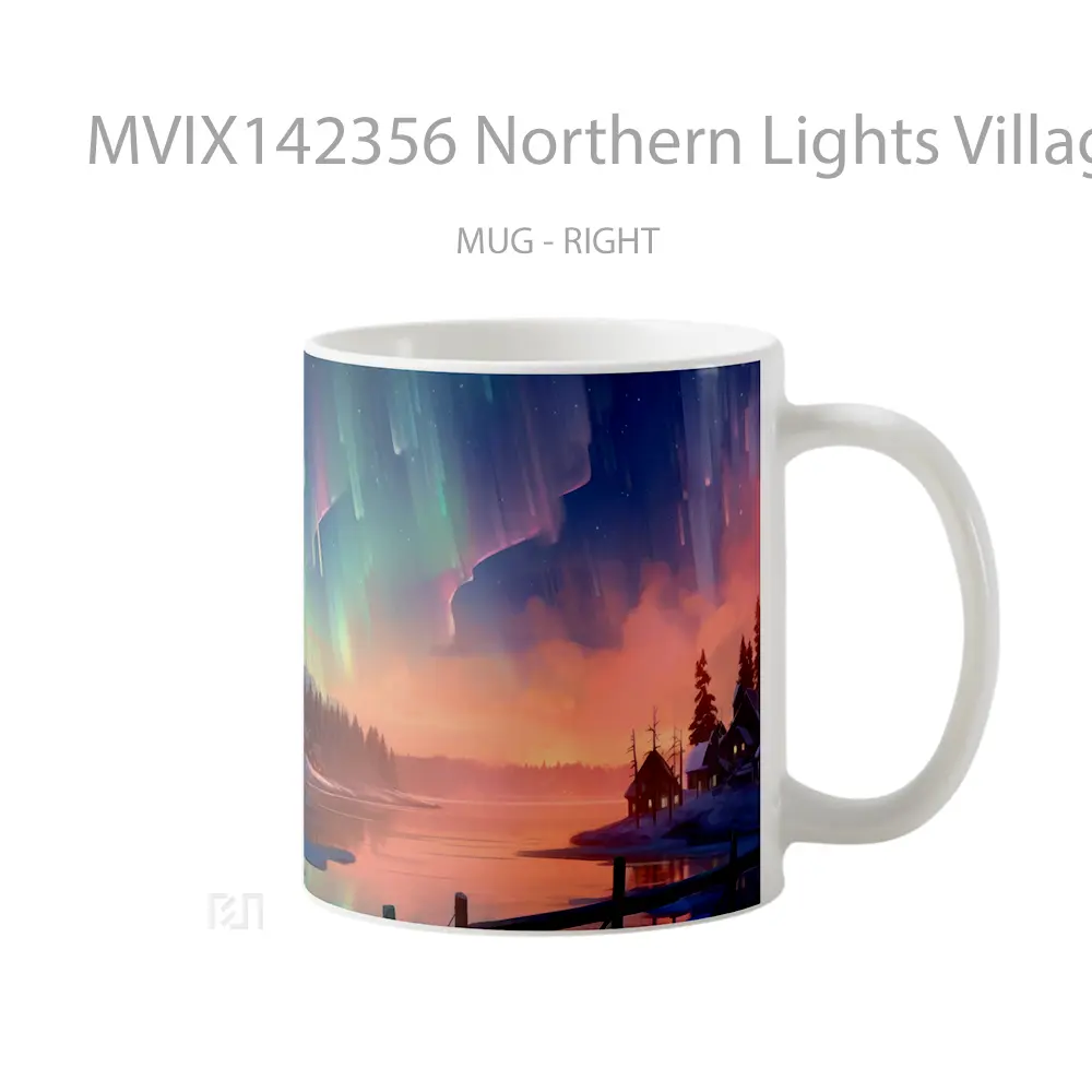 Mug Northern Lights Village Lake Scenery Digital Art Gelas Pemandangan Alam - All-side / Desain