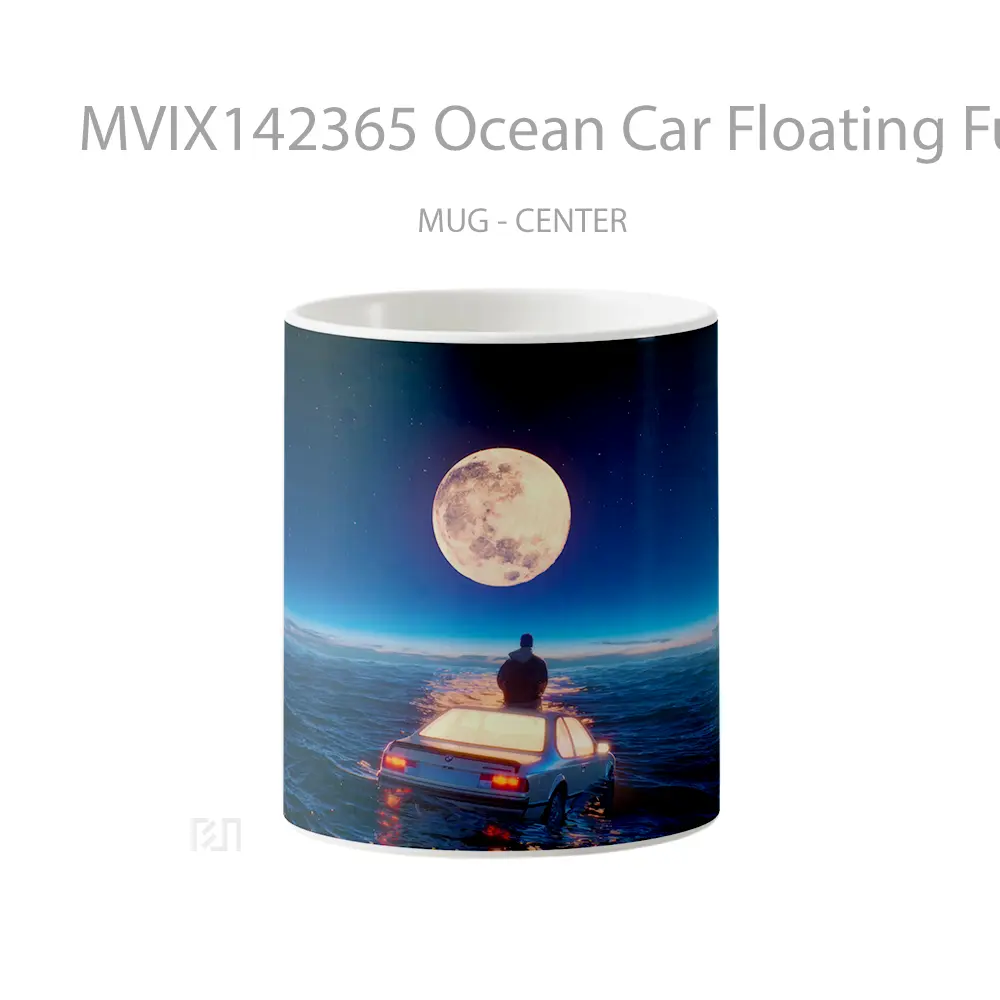 Mug Ocean Car Floating Full Moon Scenery Digital Art Gelas Pemandangan Alam