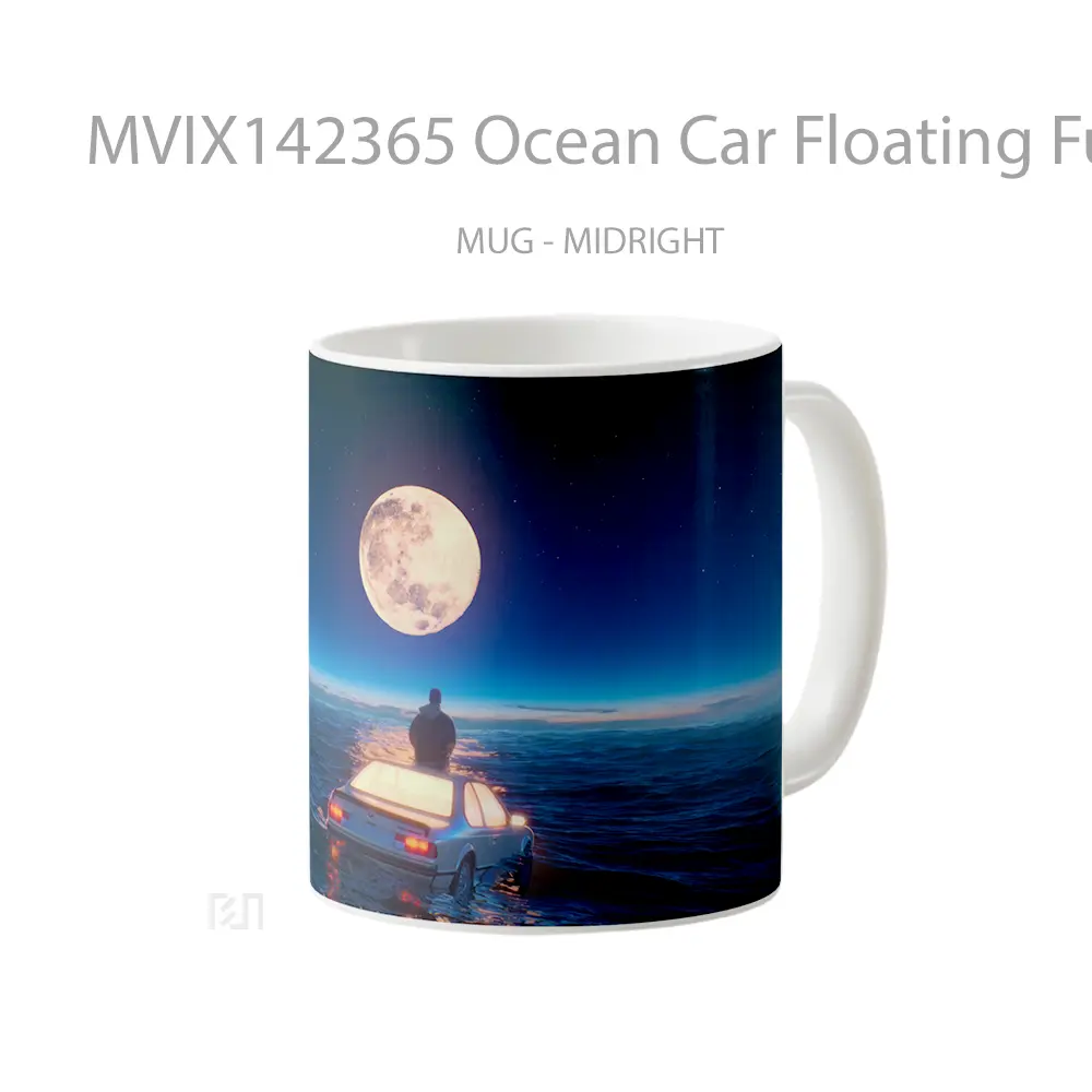 Mug Ocean Car Floating Full Moon Scenery Digital Art Gelas Pemandangan Alam - All-side / Desain