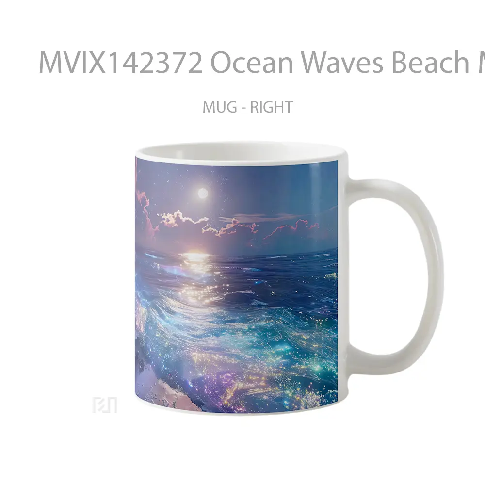 Mug Ocean Waves Beach Moon Night Scenery Digital Art Gelas Pemandangan Alam - All-side / Desain