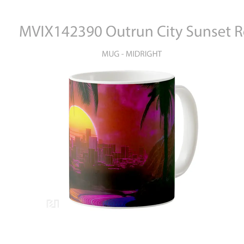 Mug Outrun City Sunset Retrowave Digital Art Gelas Pemandangan Alam - All-side / Desain