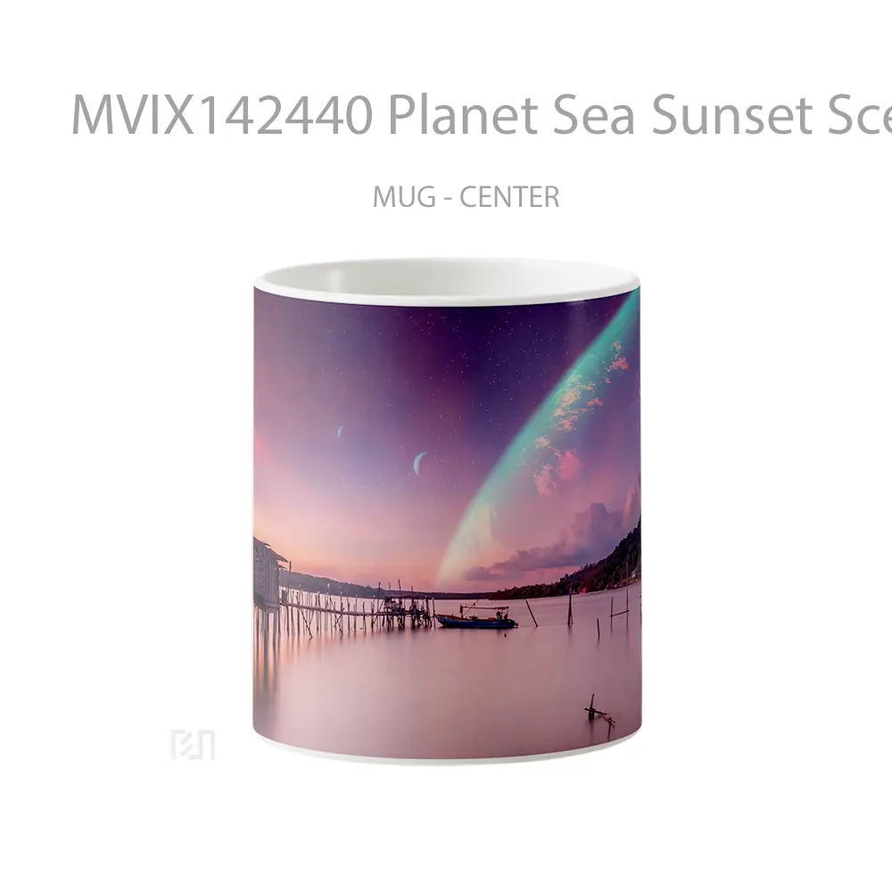 Mug Planet Sea Sunset Scenery Digital Art Gelas Pemandangan Alam