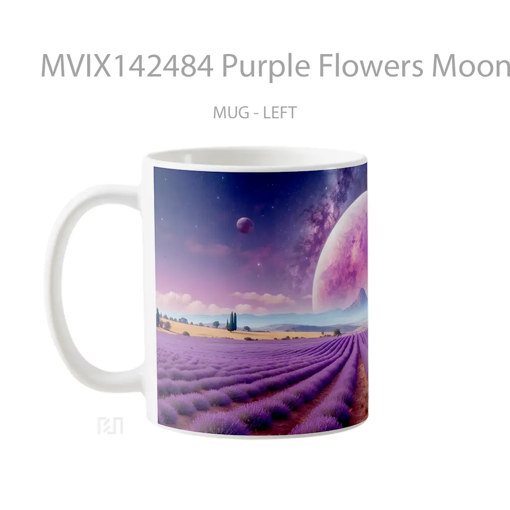 Mug Purple Flowers Moon Planet Scenery Gelas Keramik Unik - All-side / Desain