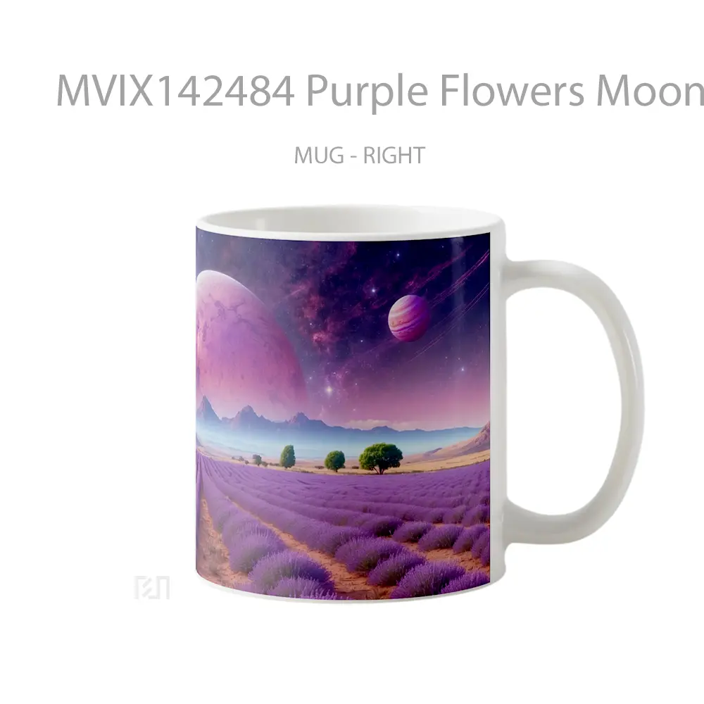 Mug Purple Flowers Moon Planet Scenery Gelas Keramik Unik - All-side / Desain