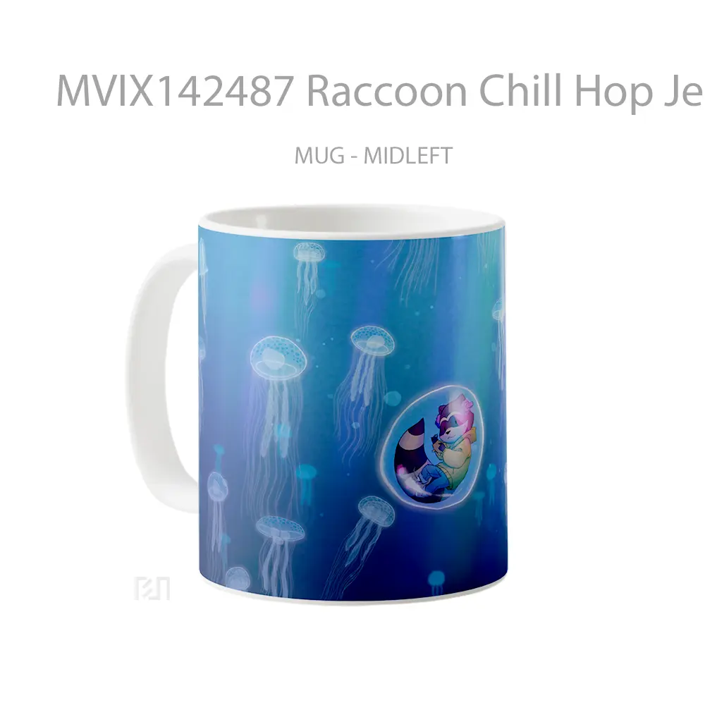 Mug Raccoon Chill Hop Jellyfish Underwater Digital Art Gelas Keramik Unik - All-side / Desain
