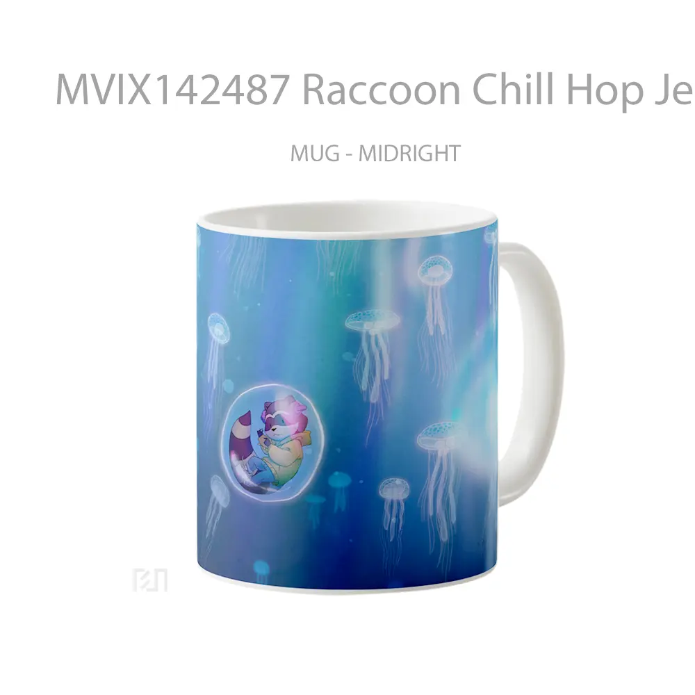 Mug Raccoon Chill Hop Jellyfish Underwater Digital Art Gelas Keramik Unik - All-side / Desain
