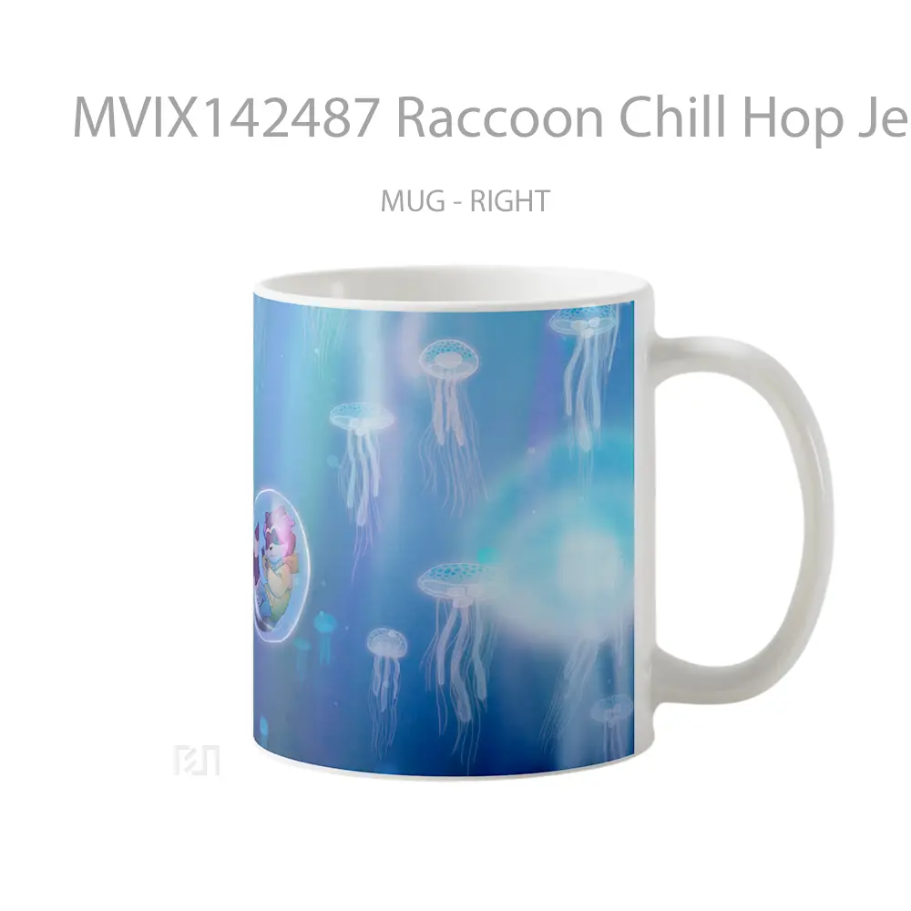 Mug Raccoon Chill Hop Jellyfish Underwater Digital Art Gelas Keramik Unik - All-side / Desain