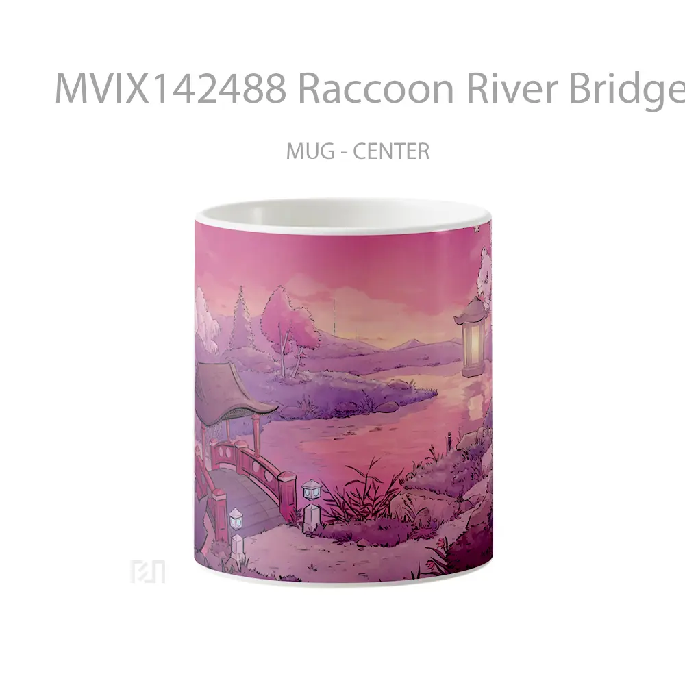 Mug Raccoon River Bridge Scenery Digital Art Gelas Keramik Unik
