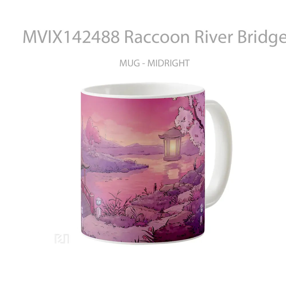 Mug Raccoon River Bridge Scenery Digital Art Gelas Keramik Unik - All-side / Desain