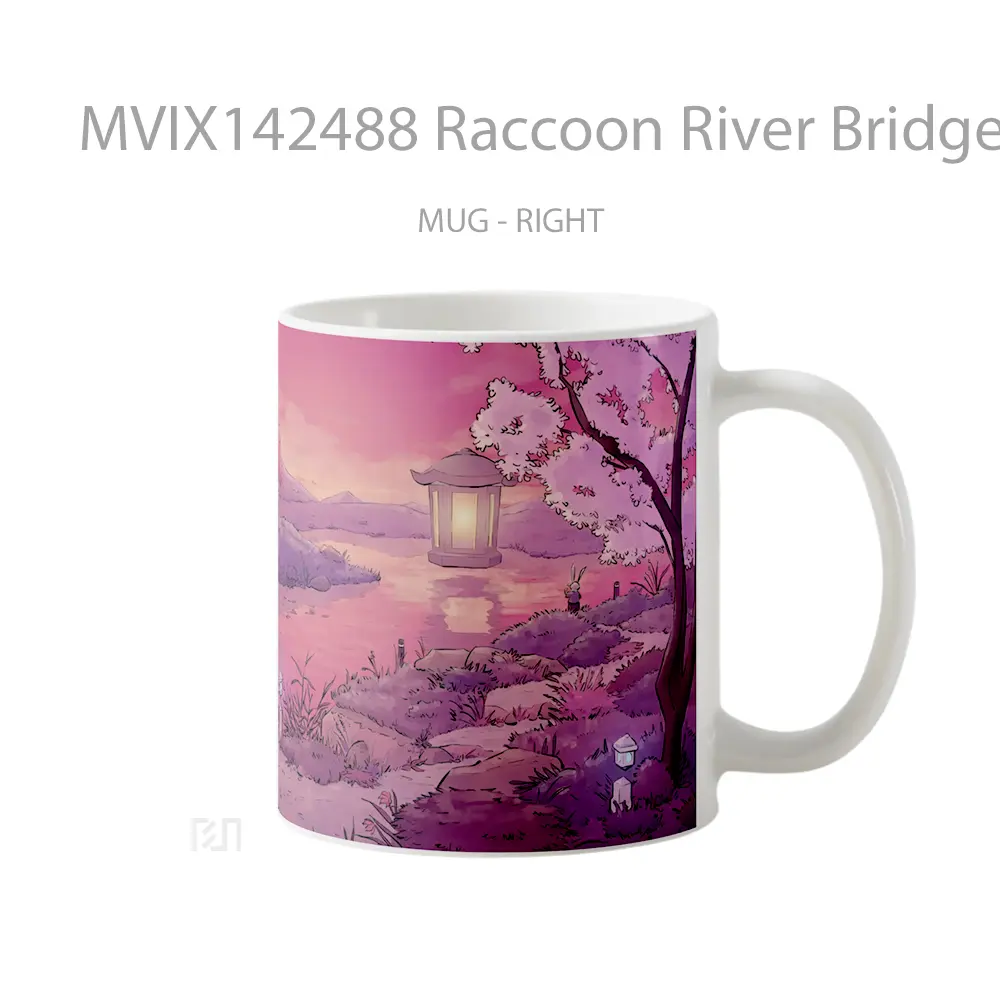 Mug Raccoon River Bridge Scenery Digital Art Gelas Keramik Unik - All-side / Desain