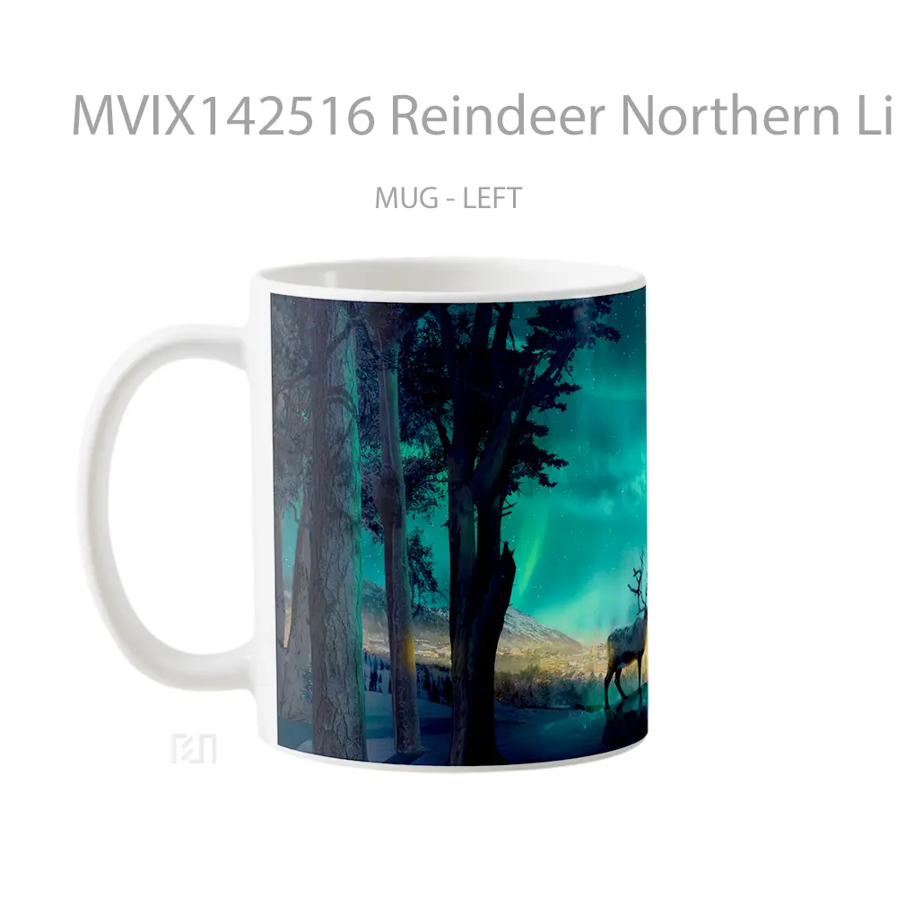 Mug Reindeer Northern Lights Digital Art Gelas Keramik Unik - All-side / Desain