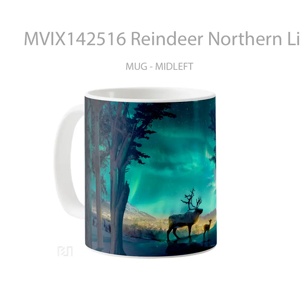 Mug Reindeer Northern Lights Digital Art Gelas Keramik Unik - All-side / Desain