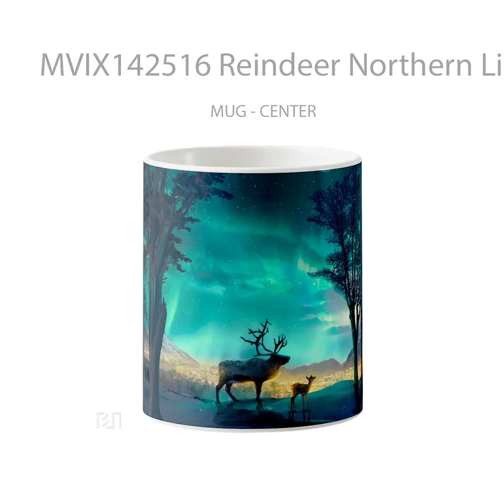 Mug Reindeer Northern Lights Digital Art Gelas Keramik Unik