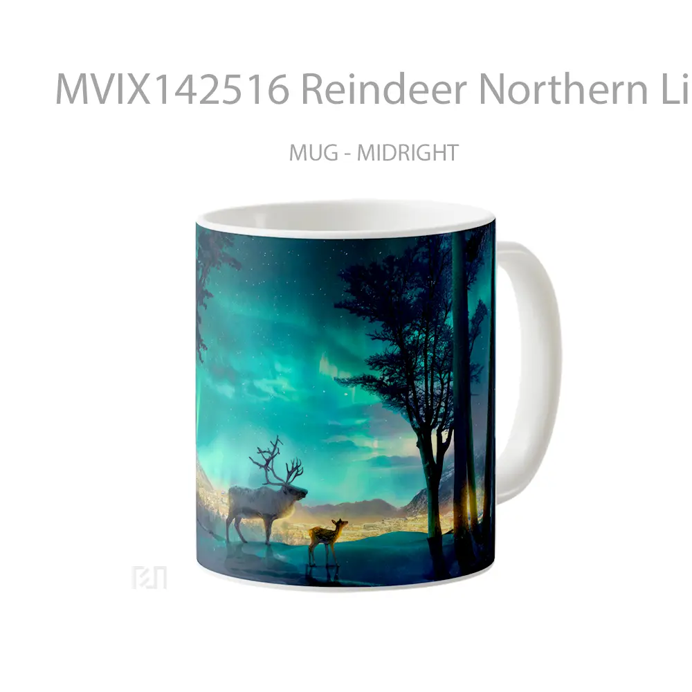 Mug Reindeer Northern Lights Digital Art Gelas Keramik Unik - All-side / Desain