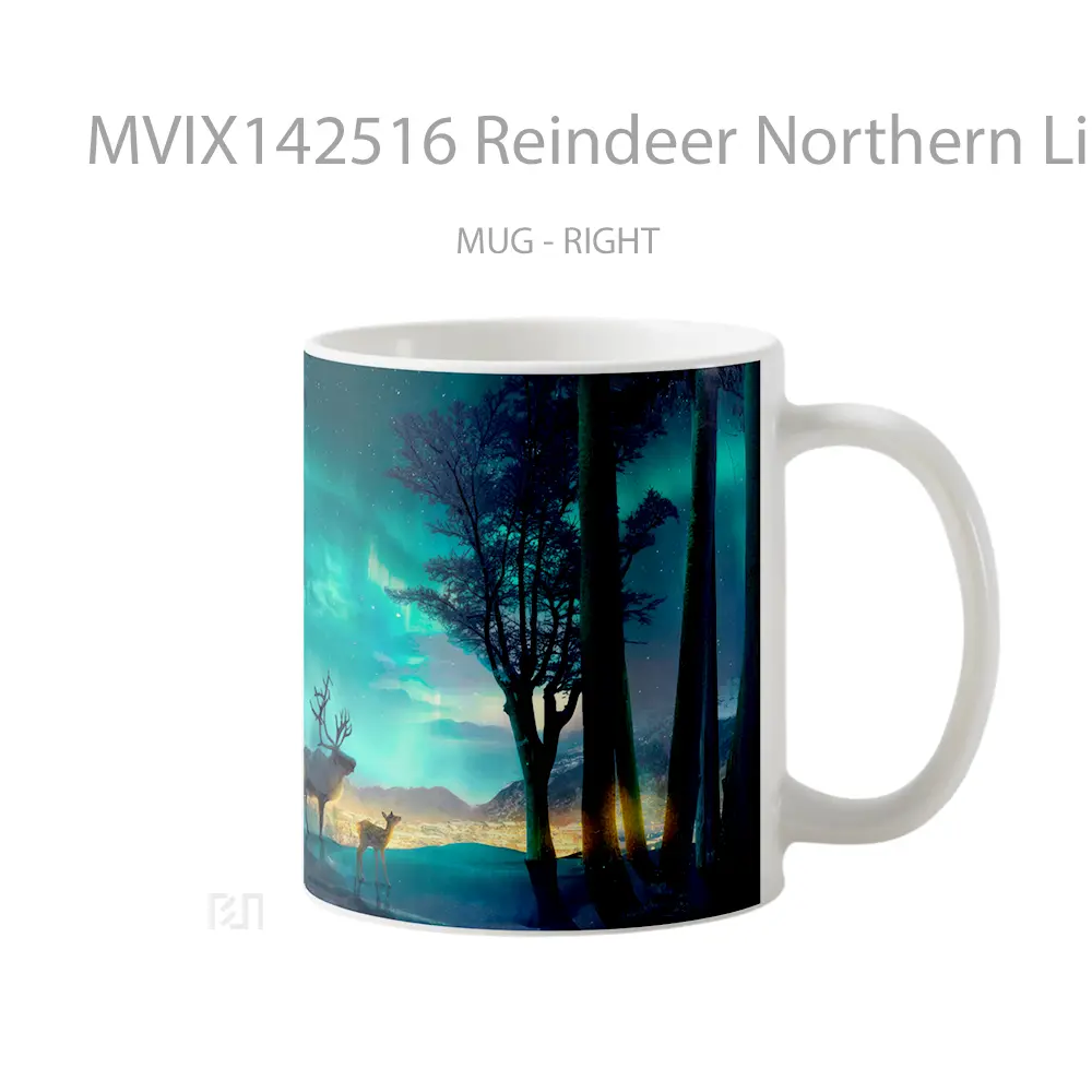 Mug Reindeer Northern Lights Digital Art Gelas Keramik Unik - All-side / Desain