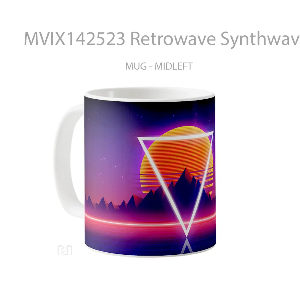 Mug Retrowave Synthwave Abstract Sunset Mountain Digital Art Gelas Pemandangan Alam - All-side / Desain