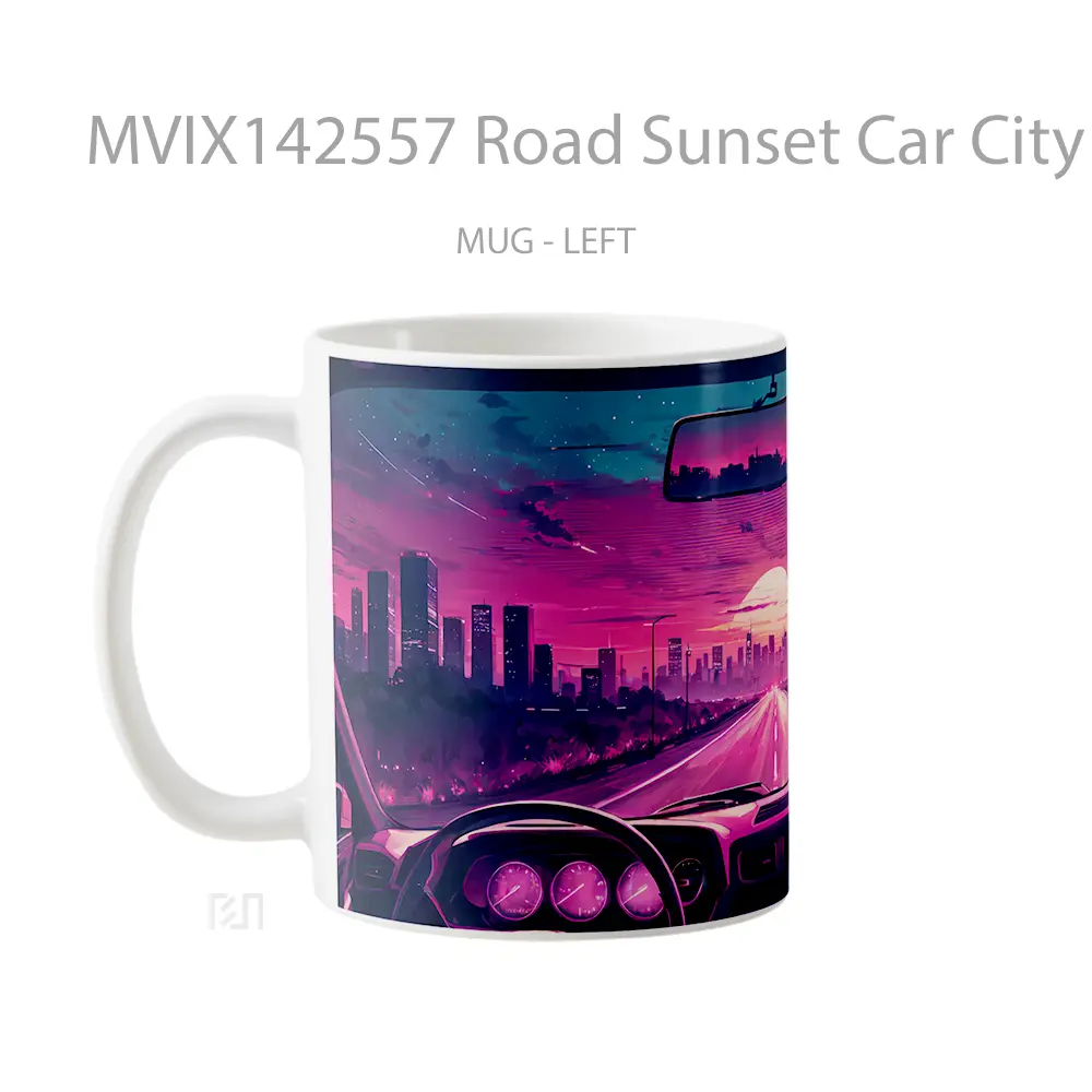 Mug Road Sunset Car City Buildings Scenery Digital Art Gelas Pemandangan Alam - All-side / Desain
