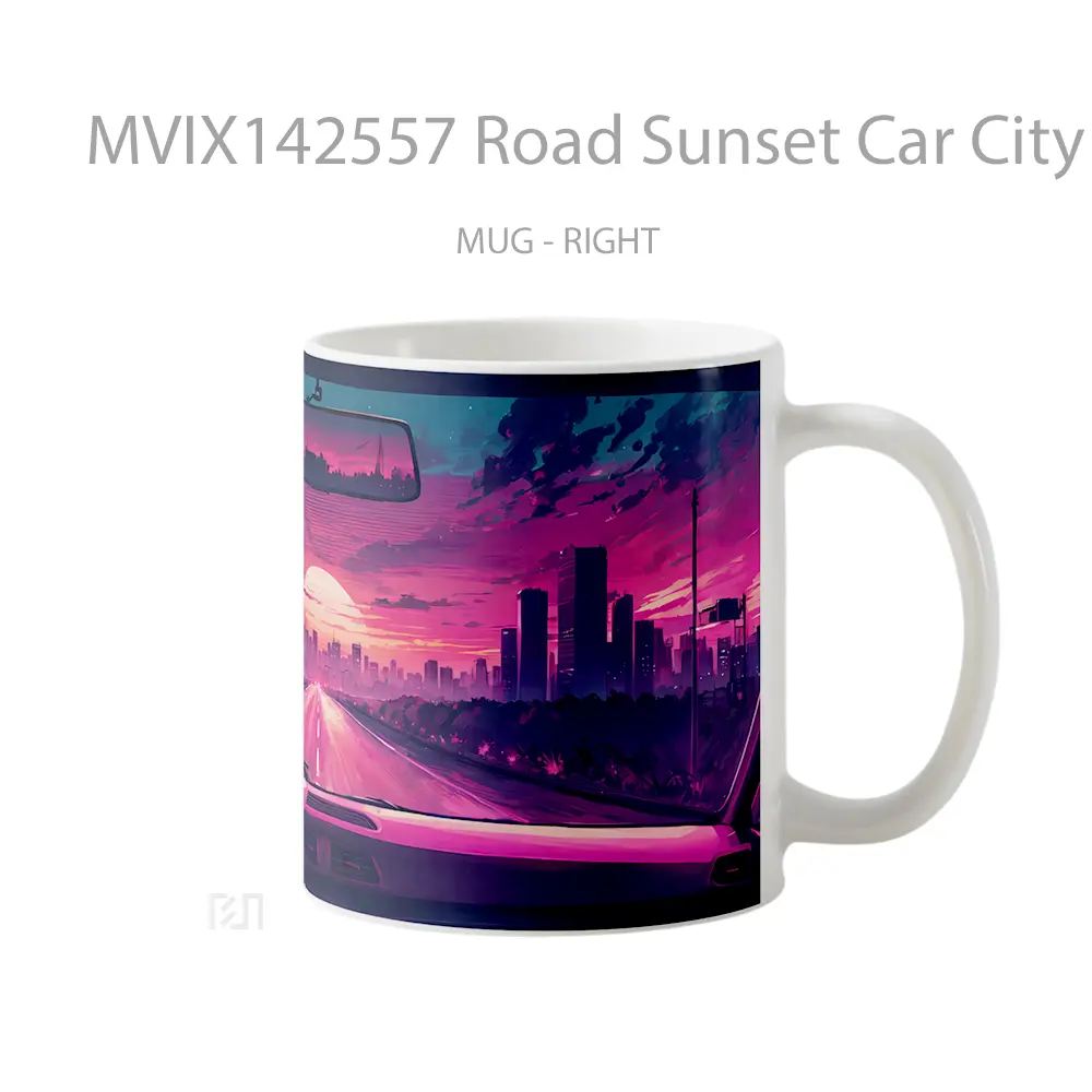 Mug Road Sunset Car City Buildings Scenery Digital Art Gelas Pemandangan Alam - All-side / Desain