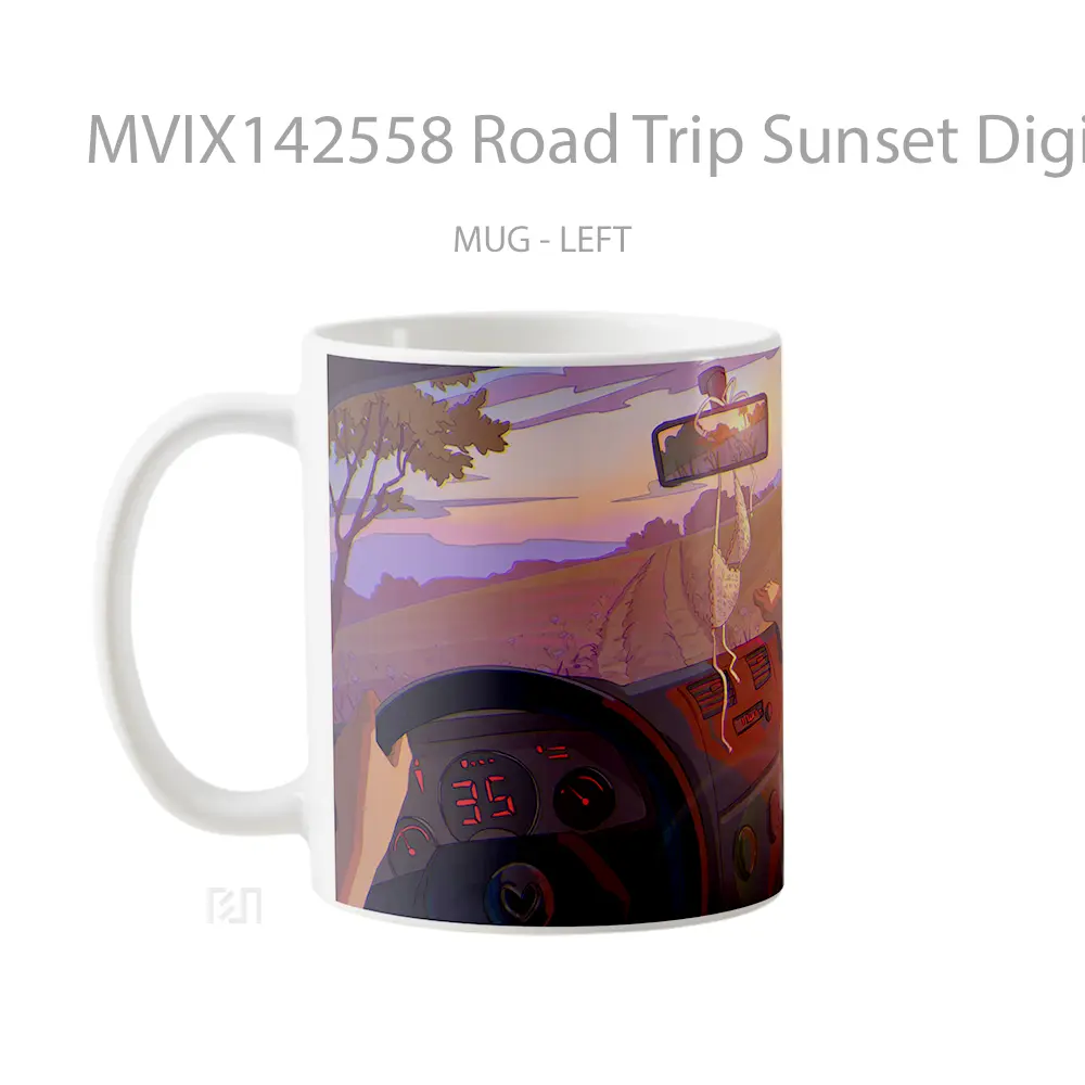 Mug Road Trip Sunset Digital Art Gelas Pemandangan Alam - All-side / Desain