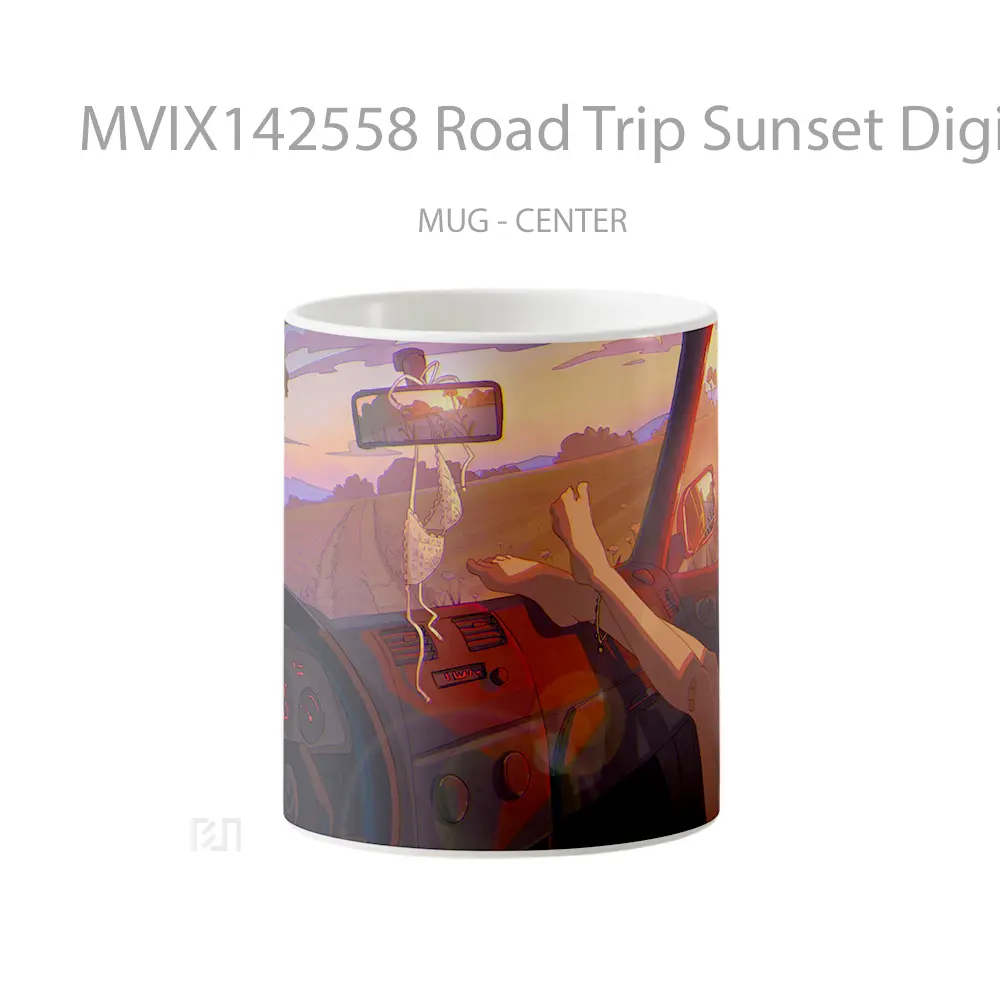 Mug Road Trip Sunset Digital Art Gelas Pemandangan Alam