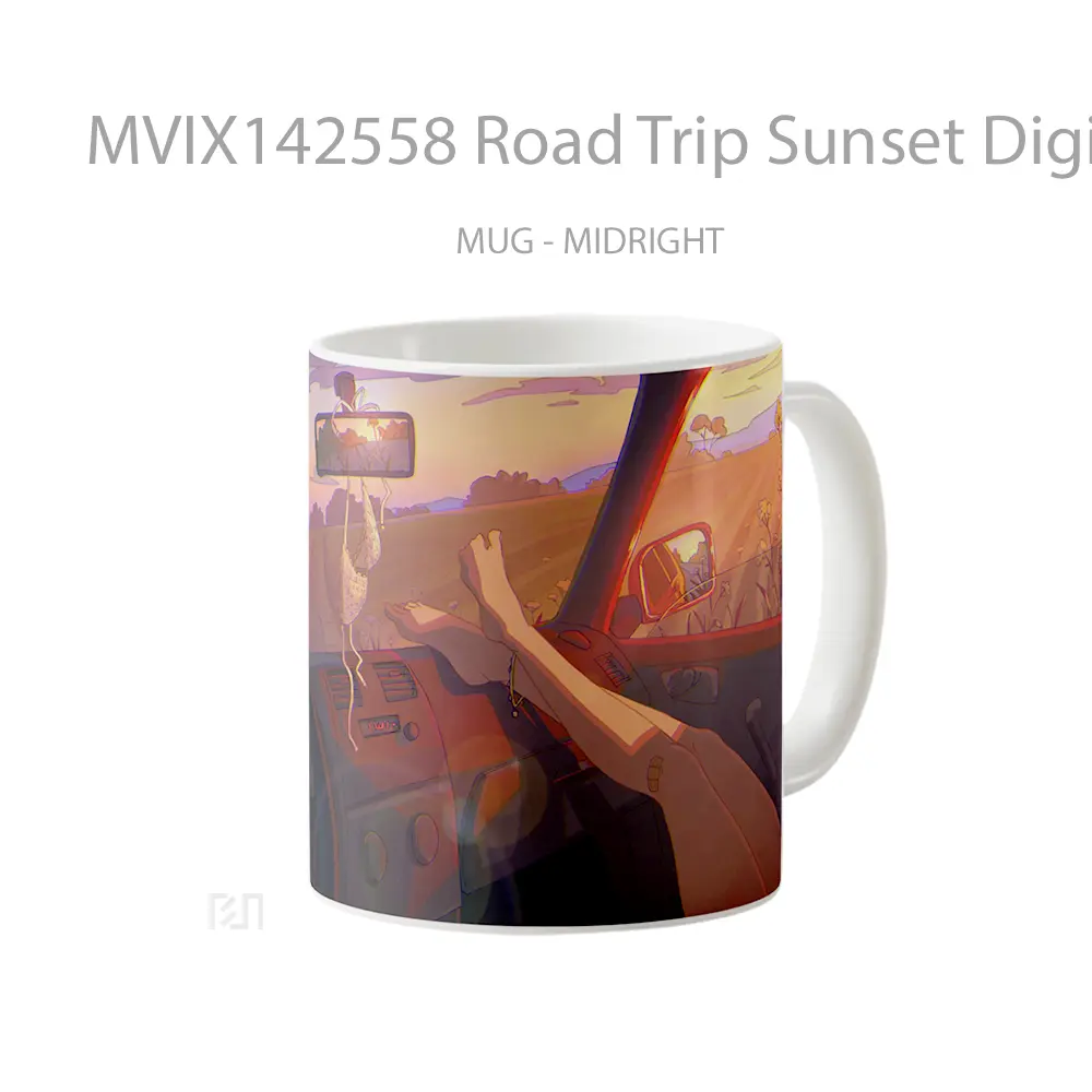 Mug Road Trip Sunset Digital Art Gelas Pemandangan Alam - All-side / Desain