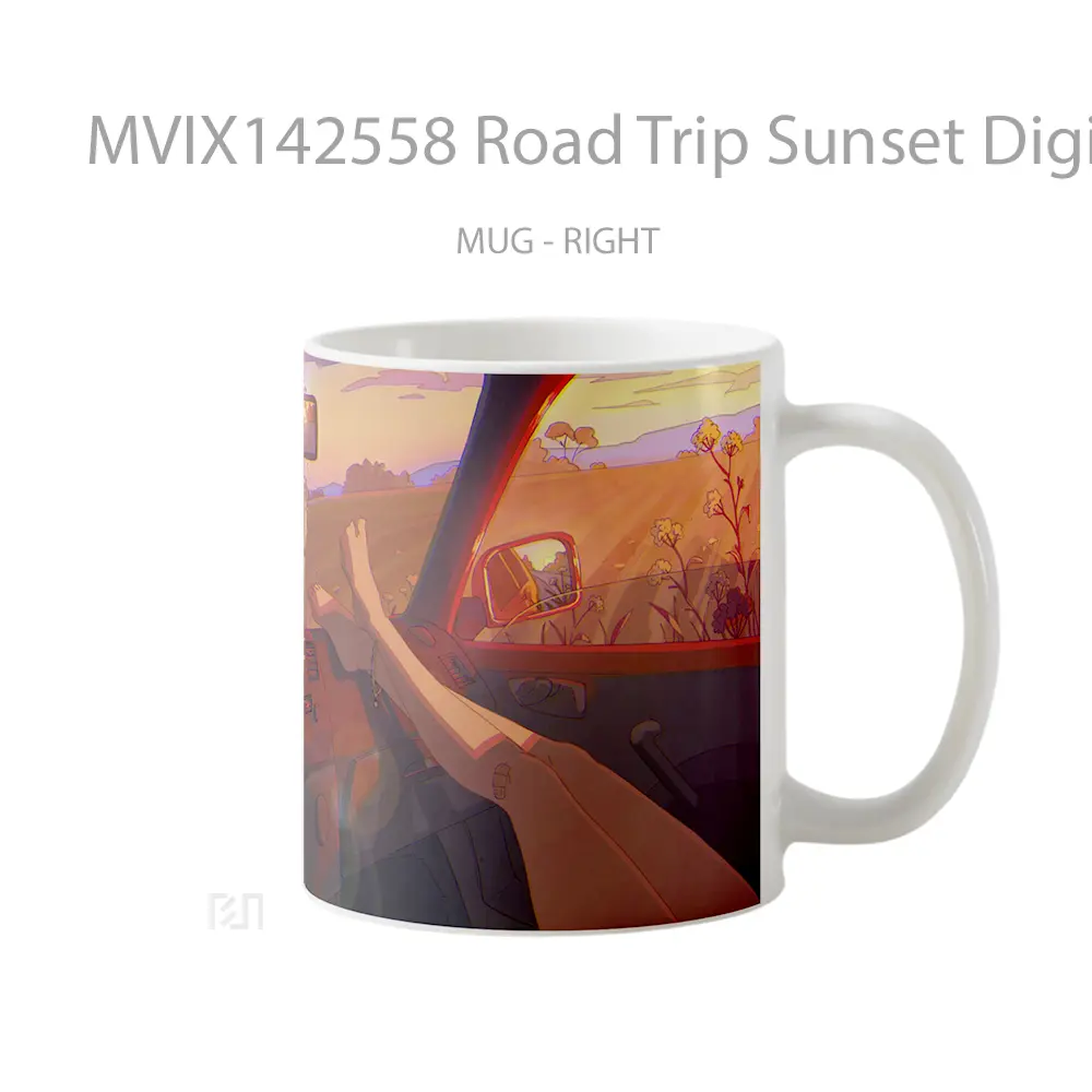 Mug Road Trip Sunset Digital Art Gelas Pemandangan Alam - All-side / Desain