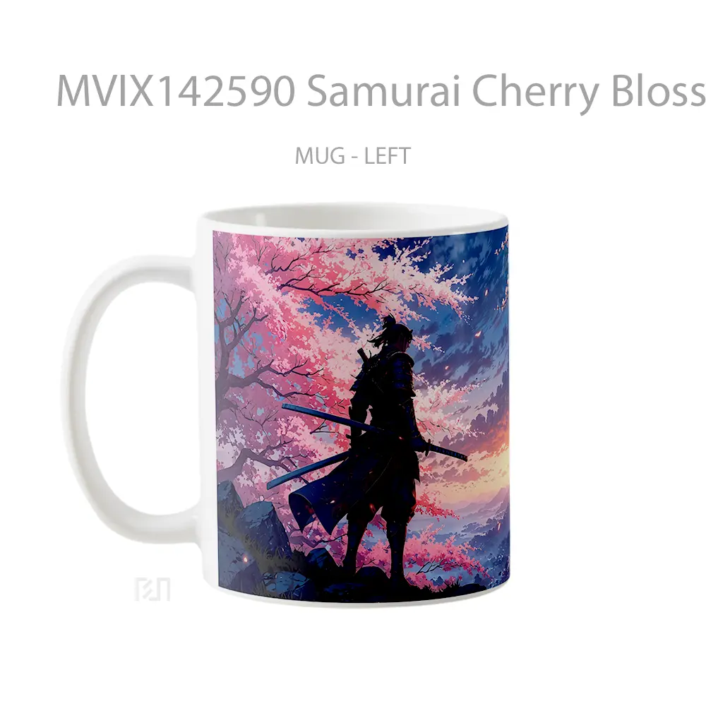 Mug Samurai Cherry Blossom Sunrise Fantasy Gelas Pemandangan Alam - All-side / Desain