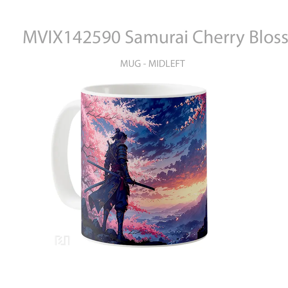 Mug Samurai Cherry Blossom Sunrise Fantasy Gelas Pemandangan Alam - All-side / Desain