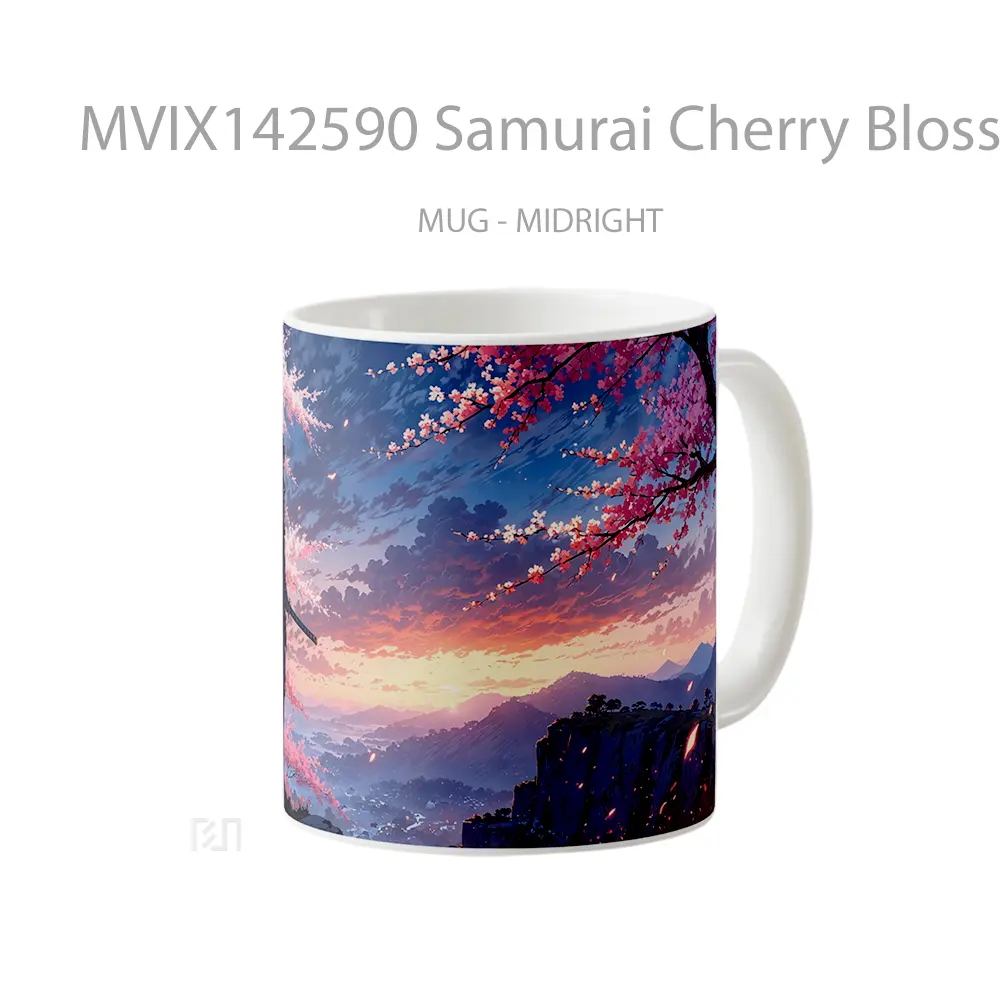 Mug Samurai Cherry Blossom Sunrise Fantasy Gelas Pemandangan Alam - All-side / Desain