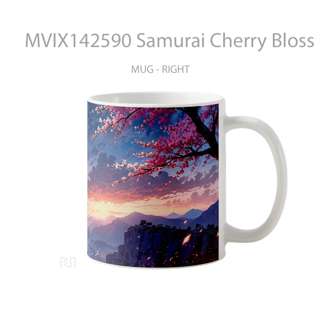 Mug Samurai Cherry Blossom Sunrise Fantasy Gelas Pemandangan Alam - All-side / Desain