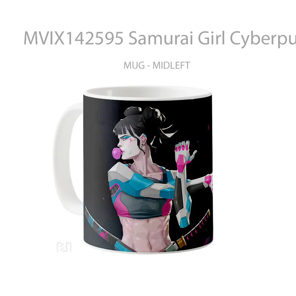 Mug Samurai Girl Cyberpunk Sci Fi Gelas Keramik Unik - All-side / Desain