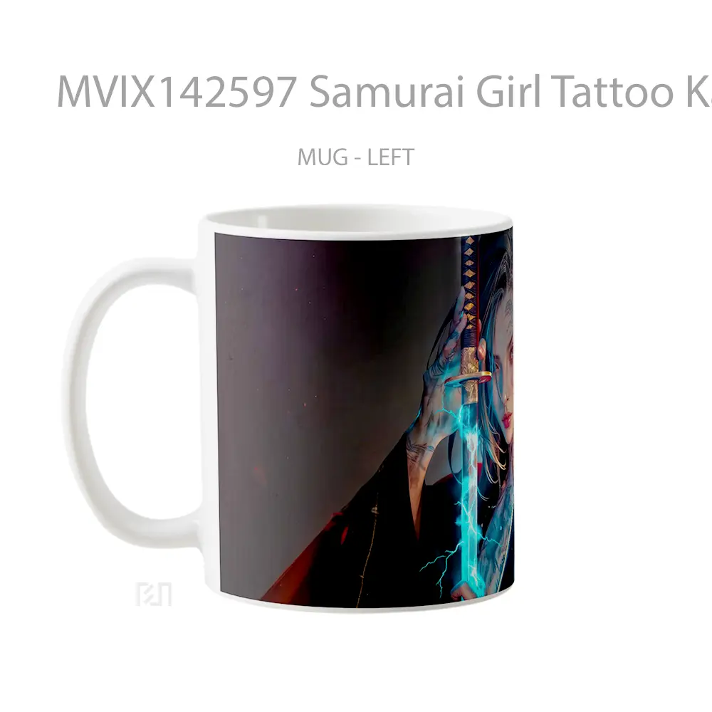 Mug Samurai Girl Tattoo Katana Fantasy Gelas Keramik Unik - All-side / Desain
