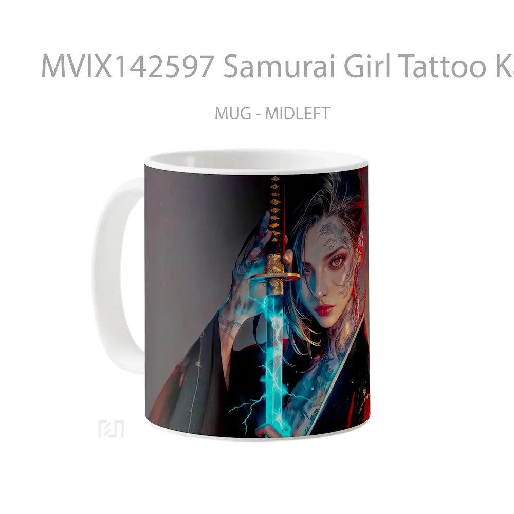 Mug Samurai Girl Tattoo Katana Fantasy Gelas Keramik Unik - All-side / Desain