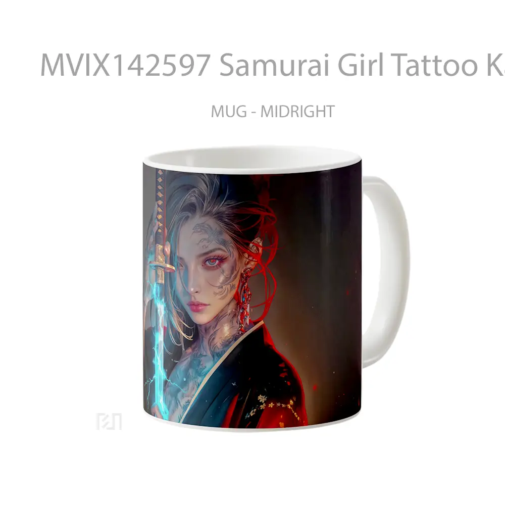 Mug Samurai Girl Tattoo Katana Fantasy Gelas Keramik Unik - All-side / Desain