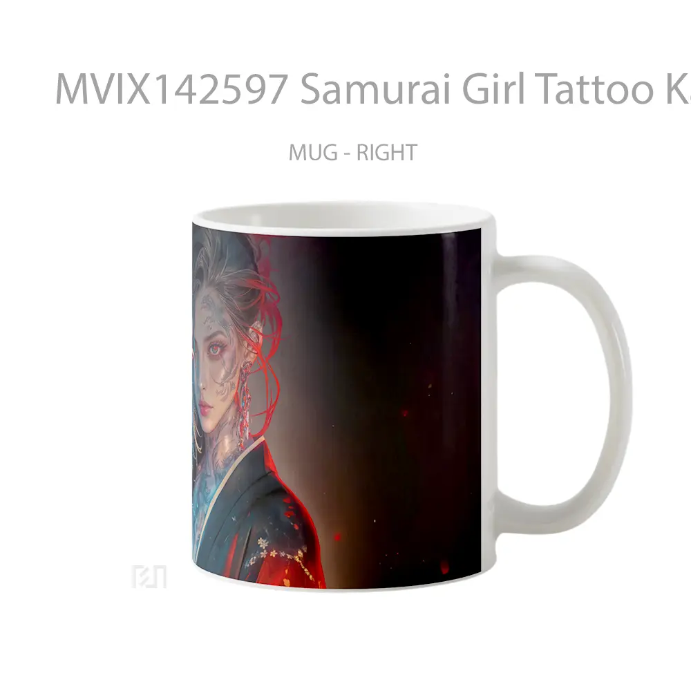 Mug Samurai Girl Tattoo Katana Fantasy Gelas Keramik Unik - All-side / Desain