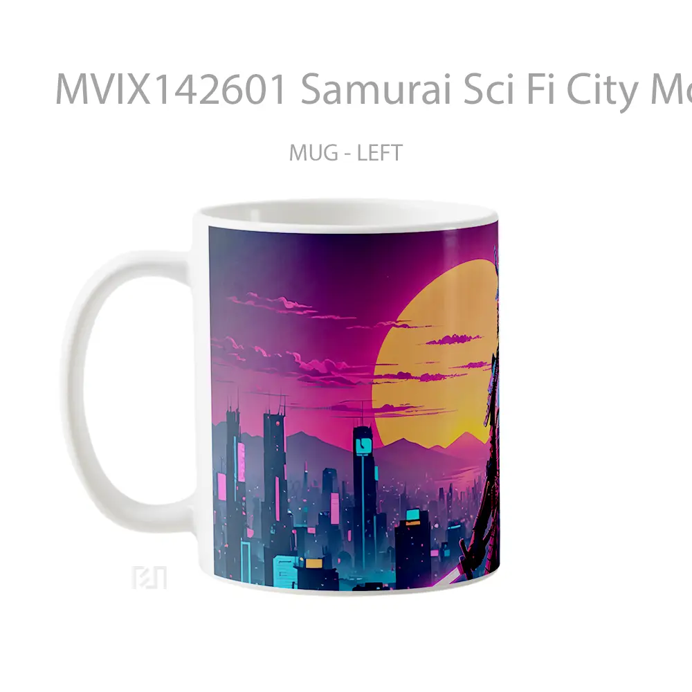 Mug Samurai Sci Fi City Moon Digital Art Gelas Keramik Unik - All-side / Desain