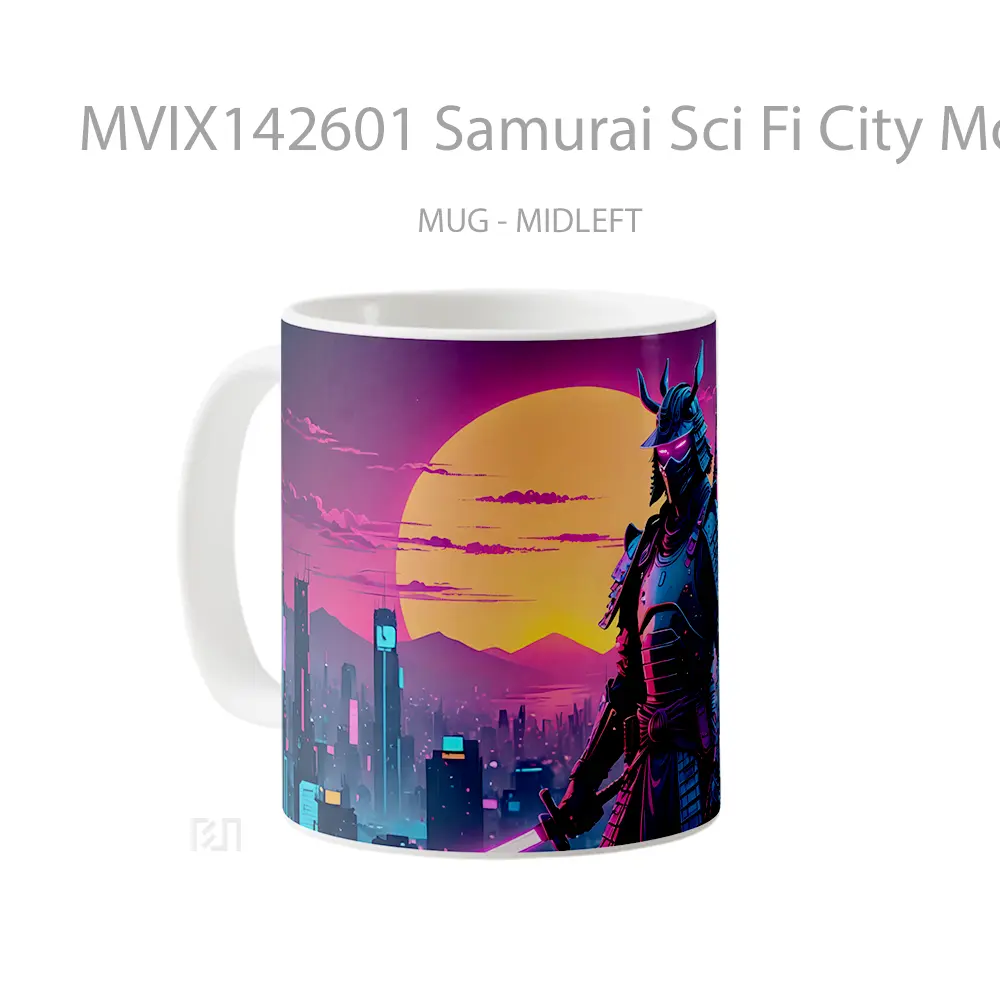 Mug Samurai Sci Fi City Moon Digital Art Gelas Keramik Unik - All-side / Desain