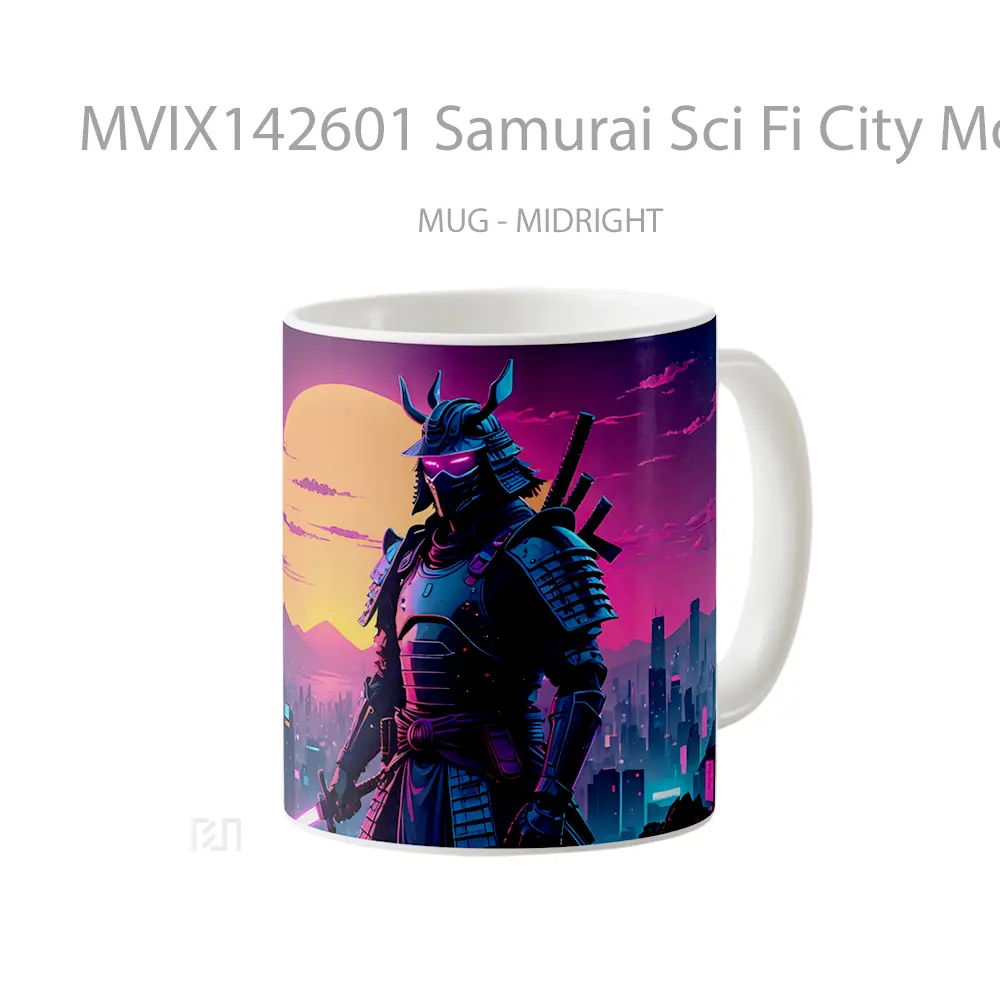 Mug Samurai Sci Fi City Moon Digital Art Gelas Keramik Unik - All-side / Desain