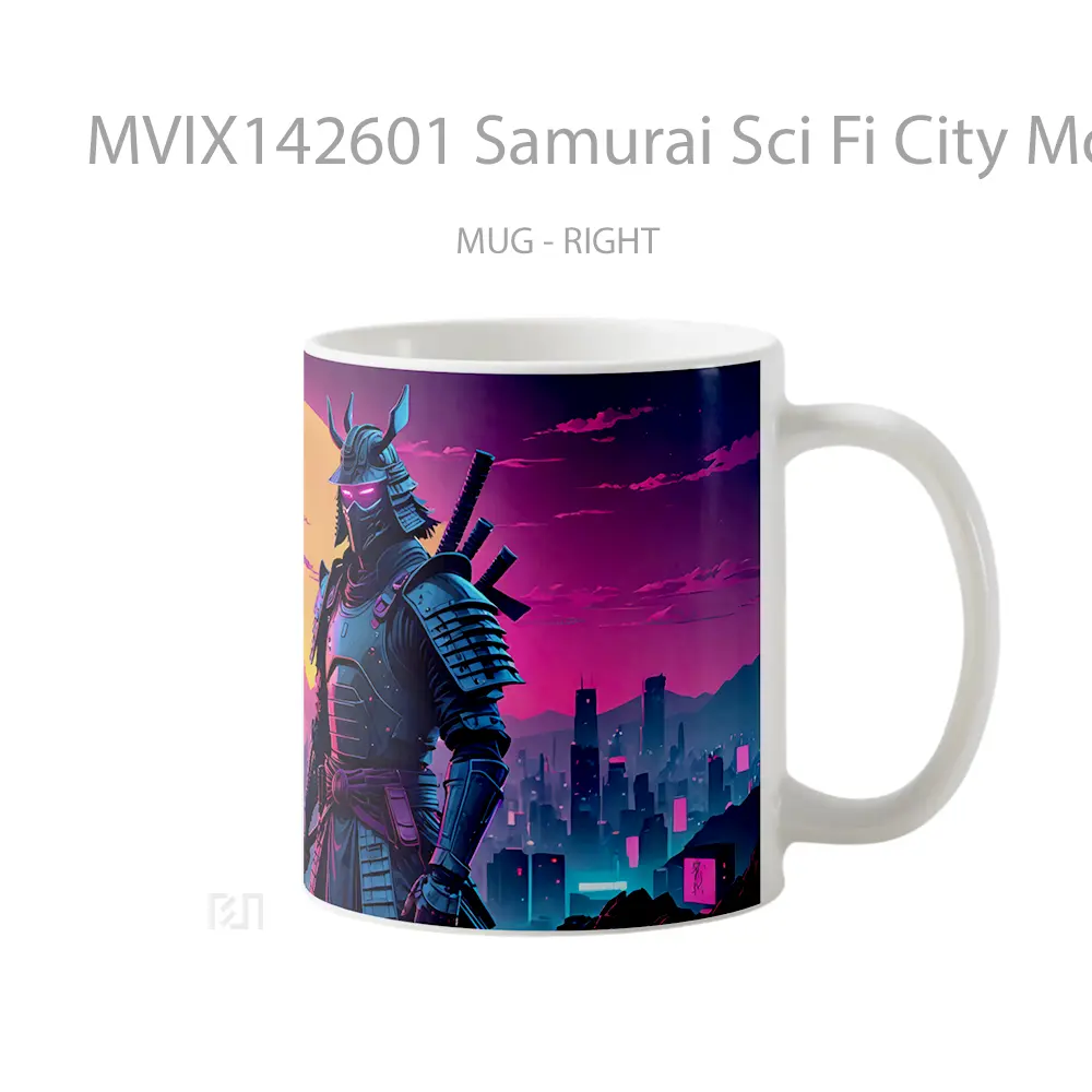 Mug Samurai Sci Fi City Moon Digital Art Gelas Keramik Unik - All-side / Desain