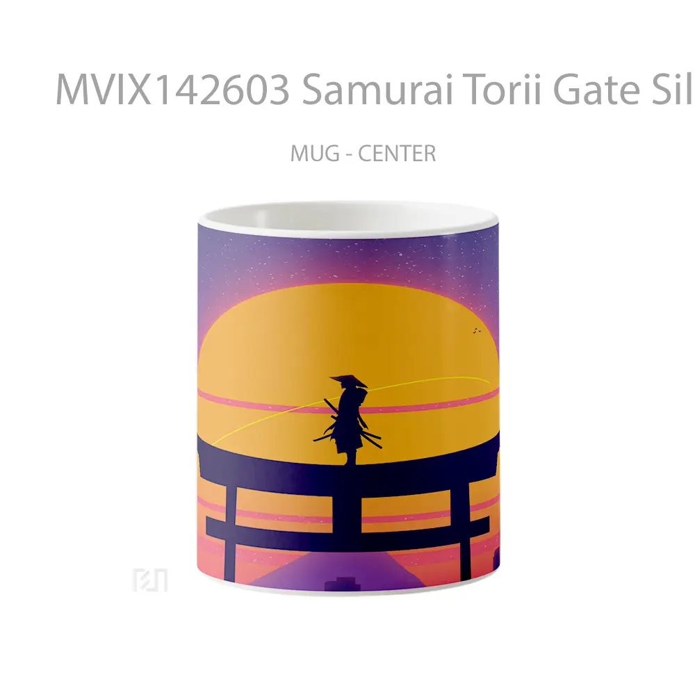 Mug Samurai Torii Gate Silhouette Sunset Synthwave Retrowave Digital Art Gelas Pemandangan Alam