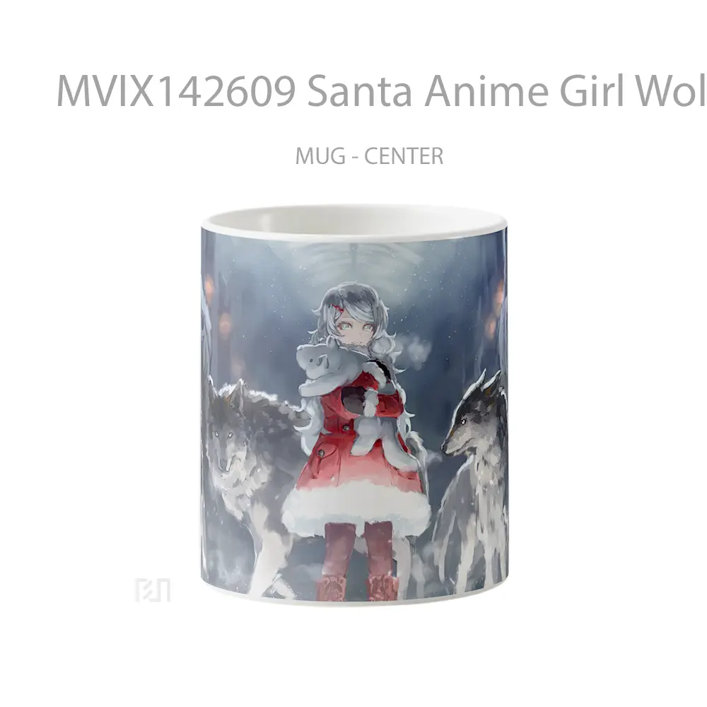 Mug Santa Anime Girl Wolf Art Gelas Hewan Lucu
