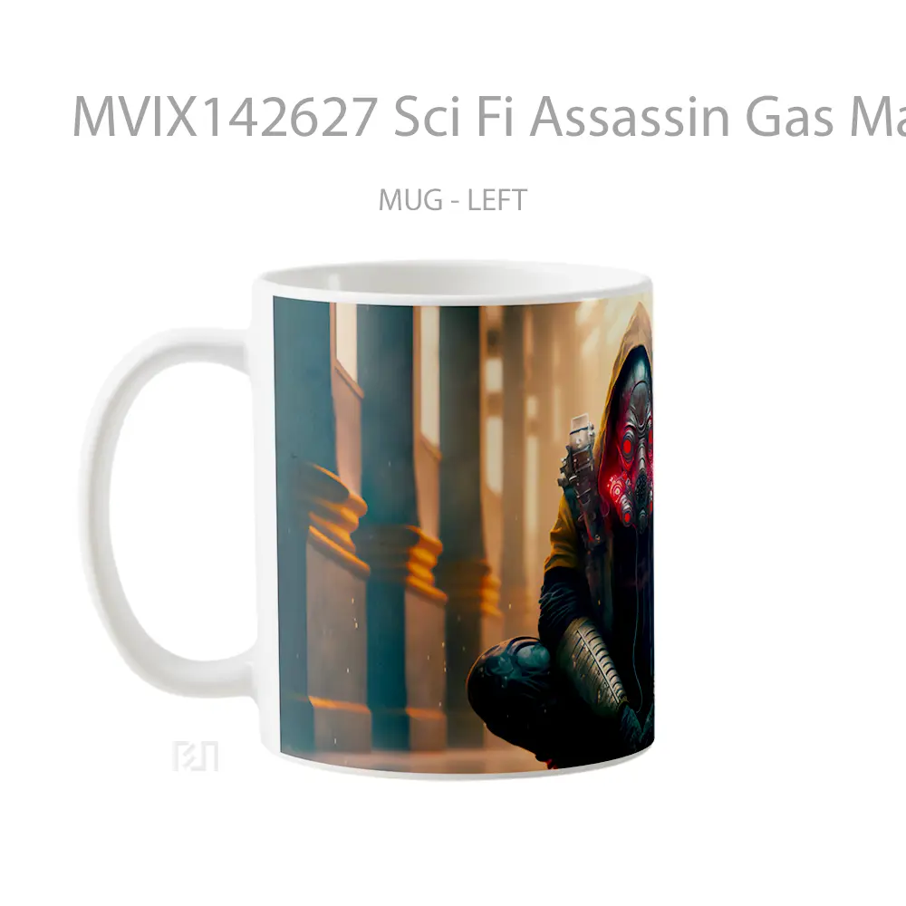 Mug Sci Fi Assassin Gas Mask Ai Ar Gelas Keramik Unik - All-side / Desain