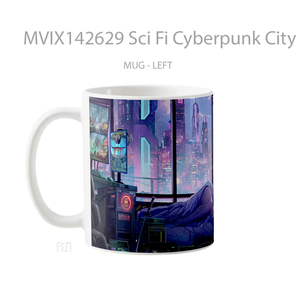 Mug Sci Fi Cyberpunk City Girl Sleeping Gelas Keramik Unik - All-side / Desain