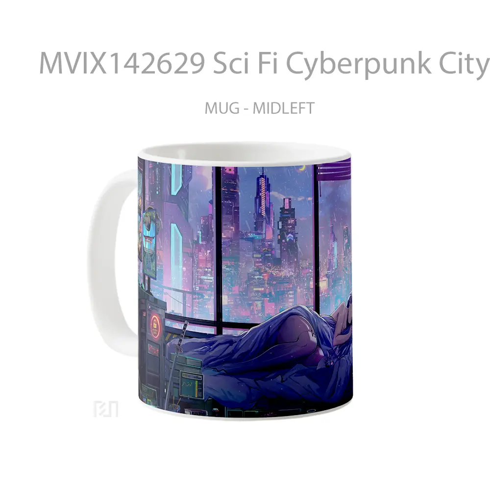 Mug Sci Fi Cyberpunk City Girl Sleeping Gelas Keramik Unik - All-side / Desain