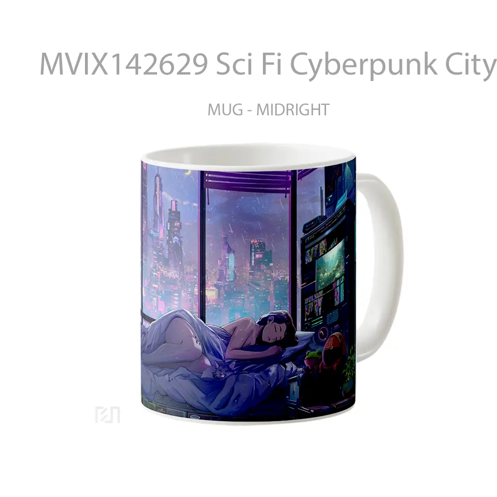 Mug Sci Fi Cyberpunk City Girl Sleeping Gelas Keramik Unik - All-side / Desain