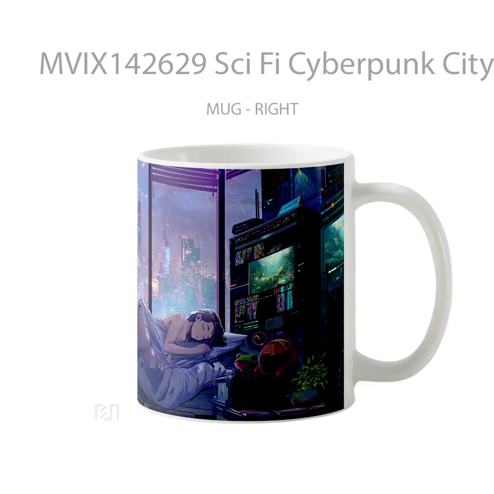 Mug Sci Fi Cyberpunk City Girl Sleeping Gelas Keramik Unik - All-side / Desain