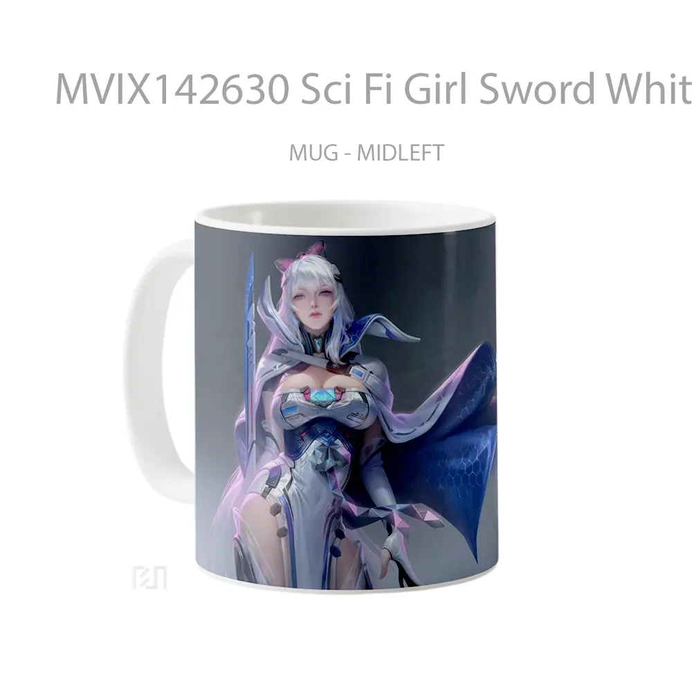 Mug Sci Fi Girl Sword White Hair Warrior Gelas Keramik Unik - All-side / Desain